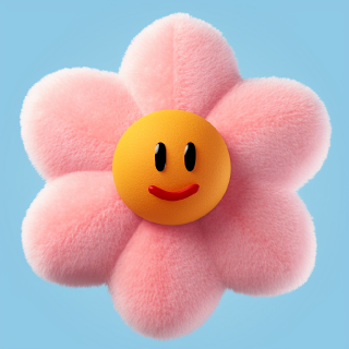 Create a 3D graphic of a plush toy that looks like a light - colored flower. The toy should have a soft and fluffy texture, with five petals that are made of fur and have a slightly curved and uneven shape. The petals should be evenly spaced and arranged 